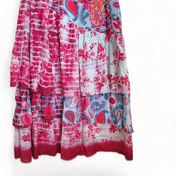 Paisley tiered pink blue dye Maxi Skirt mixed print patchwork - Picture 2 of 13